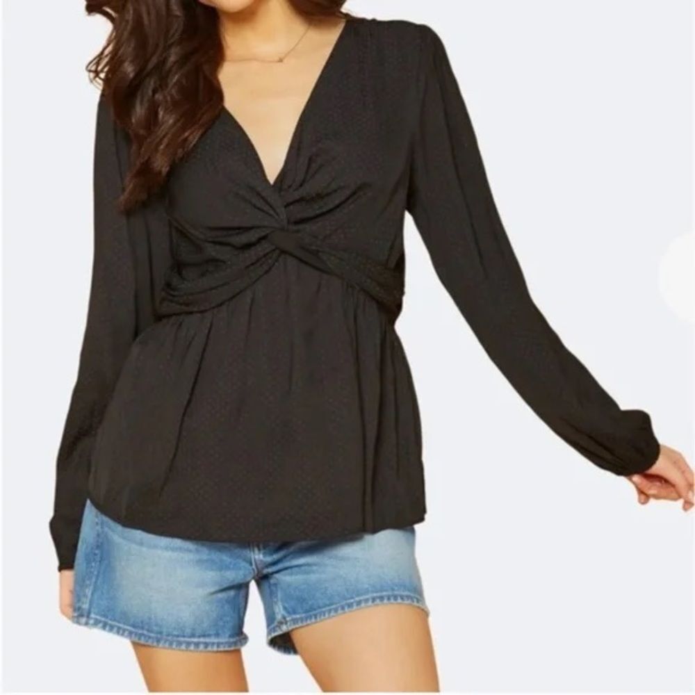 NWT Pleione Black Long Sleeve Front V Neck Twist Top Blouse Peplum Sz XL
